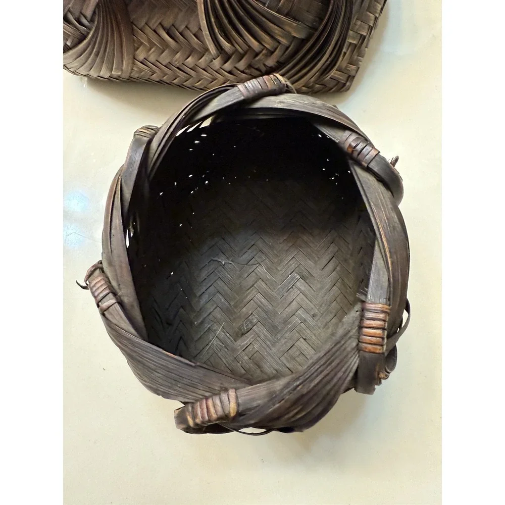 Vintage Japanese Ikebana Woven Bamboo Baskets Hand-Woven Wave Pattern (Set of 2)